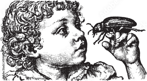 Child observing a bug with curiosity. Vintage black and white vector illustration showcasing detail and classic themes.