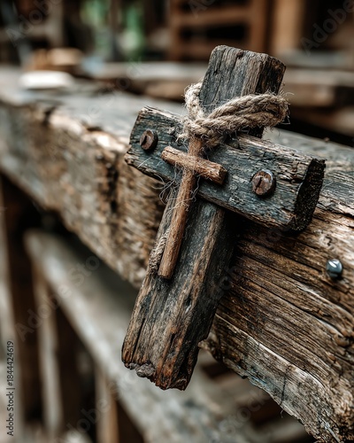 A rustic wooden cross rests on a weathered wooden surface, symbolizing faith and spirituality in a serene environment, inviting reflection and contemplation for believers and seeke