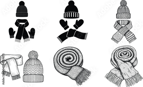 Collection of vintage hand drawn winter clothes: knitted hats, cozy scarves and warm mittens