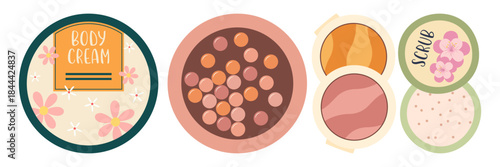 Cosmetic Products Icons Set. Colorful symbols with lipstick, mascara, moisturizer, eye shadow palette, and serum. Beauty and makeup