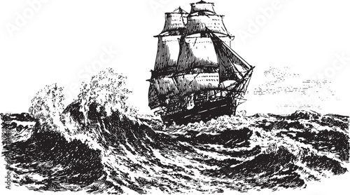 Sailing ship on ocean waves. Vintage illustration showcasing maritime adventure in classic style. Nautical vector art captures seafaring heritage.