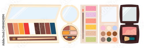 Cosmetic Products Icons Set. Colorful symbols with lipstick, mascara, moisturizer, eye shadow palette, and serum. Beauty and makeup