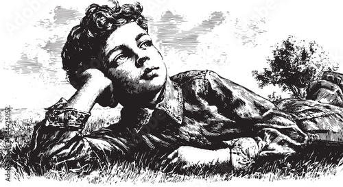 A boy lying on the grass watching clouds in the sky. Classic black and white vector illustration depicting a serene outdoor scene.