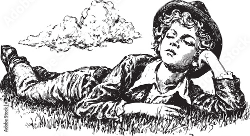 A boy lying in the grass, watching clouds drift across the sky. Vector illustration capturing a peaceful outdoor scene.