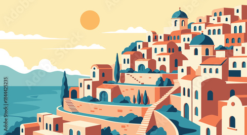Sunlit hillside town of white and terracotta houses cascading toward the sea beneath a warm golden sunset and a calm blue sky.