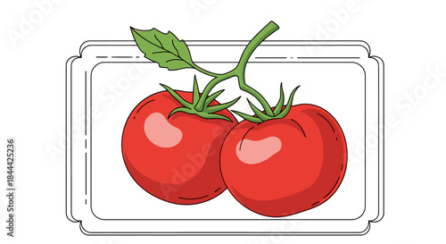 Two ripe red tomatoes rest on stacked white cutting boards with green stems and leaves creating a fresh produce scene for cooking and meals.