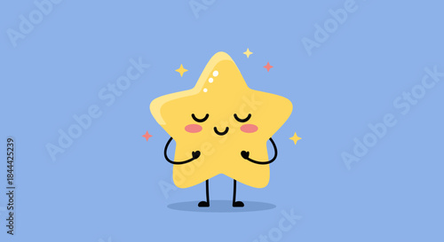 Star-shaped cartoon character with closed eyes and a gentle smile stands on a soft blue background radiating calm warmth and friendly charm for a bright scene.