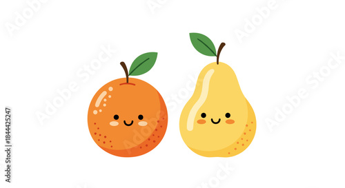 Two cheerful fruits a smiling orange and a smiling pear stand side by side with friendly faces bright colors and a playful wholesome vibe.