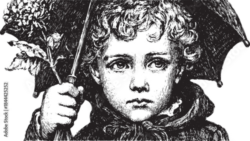 Vintage child portrait illustration featuring a boy holding an umbrella and bouquet. Black and white line drawing in classic style vector.