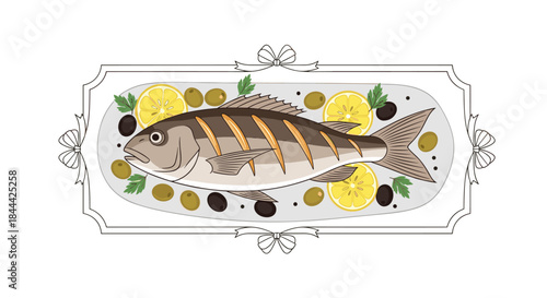 Whole fish on a decorative platter topped with lemon slices olives and herbs creating a classic seafood dish presentation.