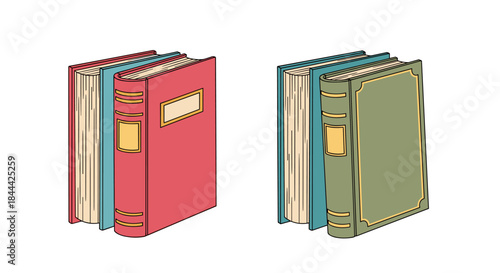 Two colorful book stacks stand side by side showcasing vintage covers and stacked volumes in red blue and green with yellow accents.