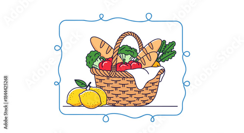 Basket of fresh groceries featuring bread baguettes crisp lettuce ripe tomatoes broccoli and lemons with a white cloth lining and a woven handle.
