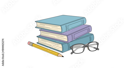 Stacked color coded hardcover books rest beside a yellow pencil and a pair of reading glasses inviting focused study and quiet preparation for learning.