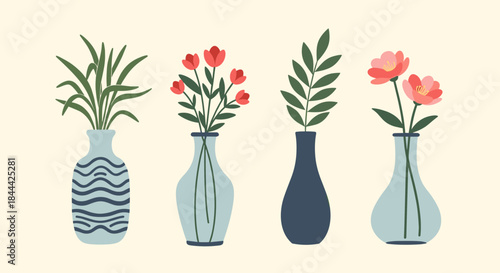 Vibrant minimalist still life of four ceramic vases containing leafy stems and bright flowers arranged in a simple row on a pale cream background.