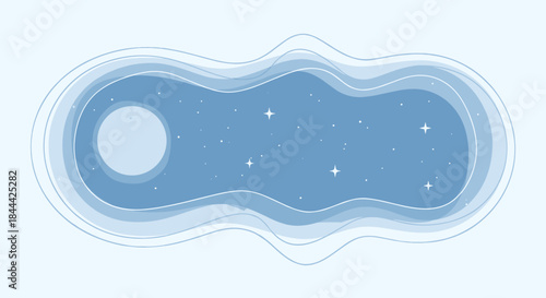 Dreamy night scene with a full moon and twinkling stars framed by soft blue layered waves creating a calm dreamy sky that invites quiet contemplation.