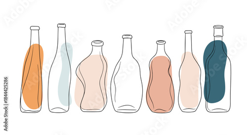 Row of glass bottles outlined with gentle color blocks forming a minimalist still life arrangement in soft beige and blue tones.