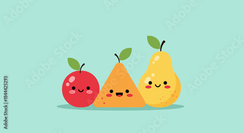 Three cheerful anthropomorphic fruits a red apple a triangular orange slice and a yellow pear stand together with smiles on a soft teal background.