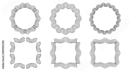 Six decorative frames with alternating wavy borders in circular and square designs arranged for visual interest and versatile craft and graphic design use.