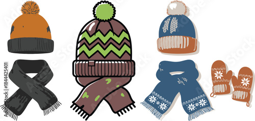 Essential winter apparel: a vibrant assortment of warm hats, scarves, and mittens