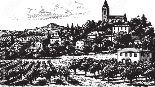 Village landscape illustration featuring farmhouses and vineyards. Classic black and white vector drawing depicting trees, hills, and a church in a rural setting.