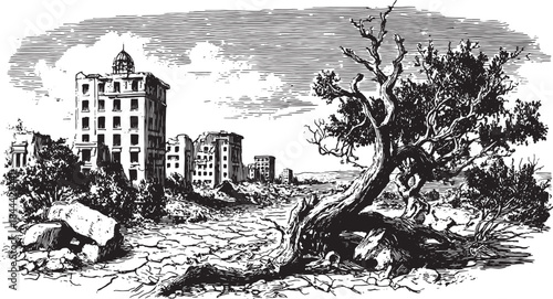 Illustration of a cityscape featuring derelict buildings and a weathered tree in a desolate landscape. A vintage vector illustration showcasing barrenness.