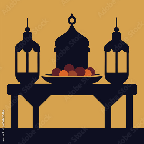Ramadan iftar table silhouette with dates and lantern for festive celebrations and gatherings