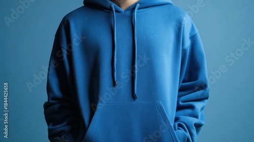 Close-up of a person wearing a blank blue hoodie with drawstrings and a kangaroo pocket against a matching blue background, emphasizing casual fashion.