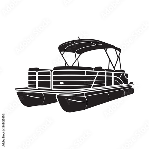 Black silhouette of a pontoon boat with a canopy isolated on white