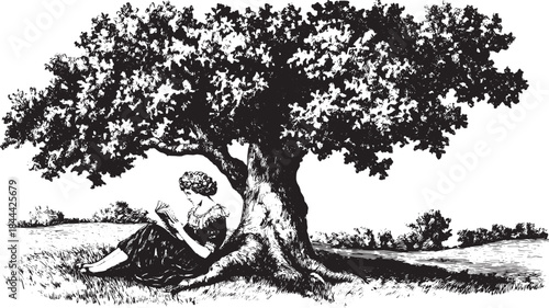 Woman reading under a tree in a scenic outdoor setting. A black and white vector illustration conveying a peaceful atmosphere in a classic art style.