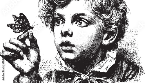 A boy holding a butterfly in a vintage black and white illustration. This detailed artwork captures nature and innocence in a vector illustration.