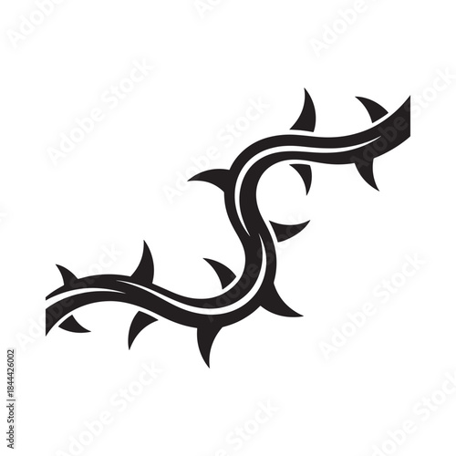 A black and white illustration of a winding thorny branch design element