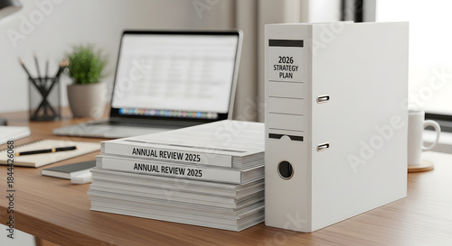 Clean office desk with annual review files, 2026 strategy plan binder, laptop, and plant