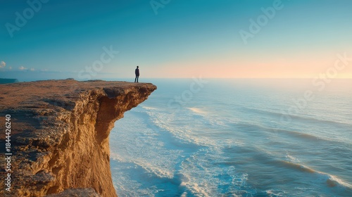Cliffside Contemplation: Silhouette of a person stands atop a cliff, overlooking the boundless ocean under a gradient sky, capturing the peace of solitude and the vastness of the natural world.