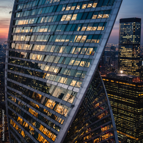 Modern architecture and urban cityscape are on display in this night scene. The illuminated office windows create geometric patterns and a sense of ambition.
