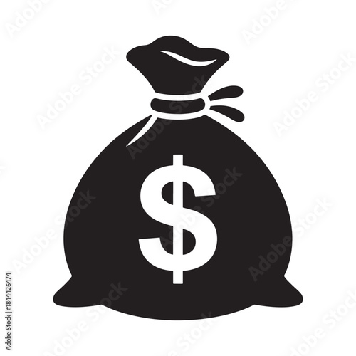 Simple black and white icon of a money bag with a dollar sign