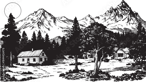 Mountains and cabin silhouette in a rural landscape. Simple black and white vector illustration with trees and a sun.