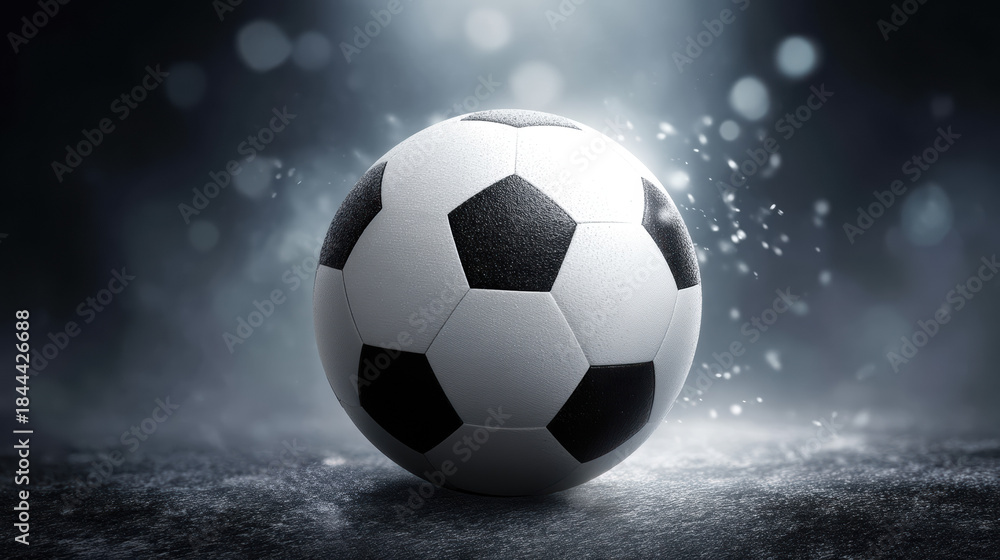 Fototapeta premium A dynamic soccer ball with classic black and white pattern is isolated against a moody, atmospheric backdrop with a textured surface and blurred bokeh effect.