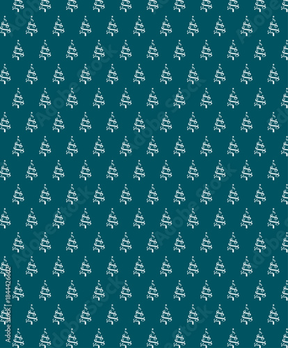 Patrón navideño continuo de pinos nevados en fondo verde azulado