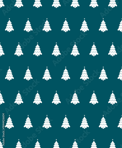 Patrón navideño continuo de pinos nevados en fondo verde azulado