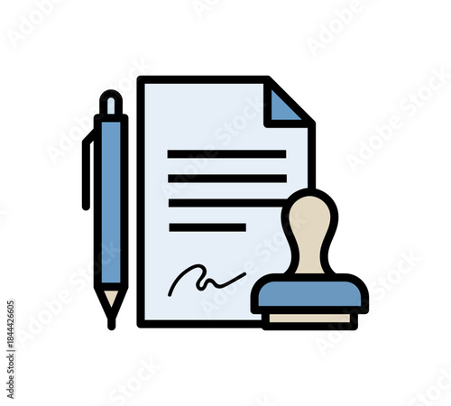 Documento con firma y sello junto a un bolígrafo en estilo plano