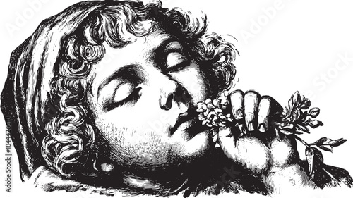 Boy with a flower in a vintage black and white vector illustration. Detailed line art captures the charm and innocence of the subject.