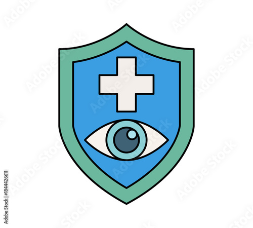 Escudo con cruz médica y ojo para representar protección visual u oftalmológica
