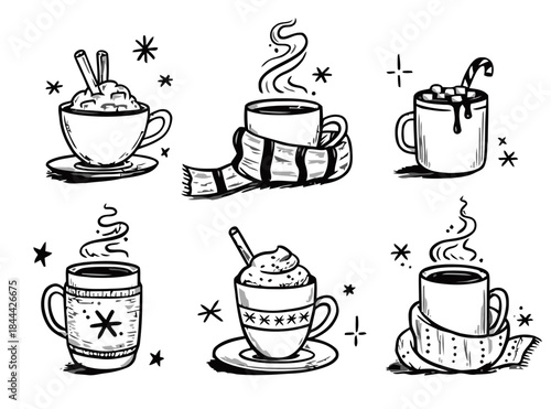 Hand drawn illustration of cute winter hot beverage collection on white background for seasonal designs
