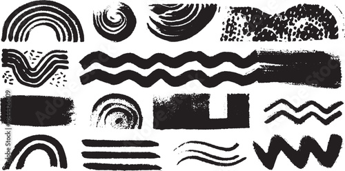 Abstract black and white pattern showcasing various shapes and lines. This vector illustration features smooth curves and wavy textures in a modern design set.