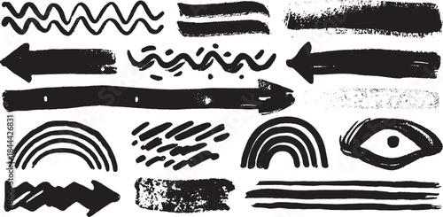 Black lines and arrows in a hand-drawn style. Brush strokes and marker elements create unique graphics in this vector illustration set.
