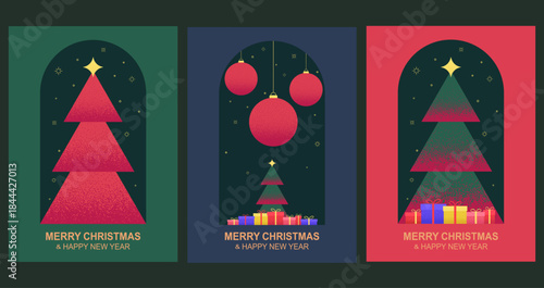 Merry Christmas and Happy New Year greeting card set. Minimalist Christmas banner design with a New Year tree, baubles, and gifts.