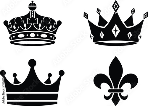Set of black royal crown silhouettes and fleur de lis symbol isolated on white background for king queen and majesty heraldic luxury vector illustration