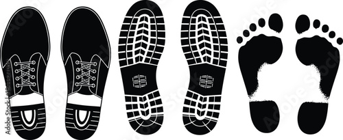 Set of black shoe silhouettes featuring top view of formal footwear, sole print and bare human footprints for walking steps vector illustration isolated on white