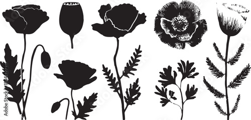 Black poppy flower silhouettes set in a vector illustration. Simple design for botanical decor or background use.