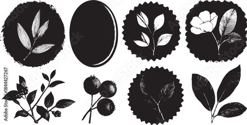 Botanical badges set featuring hand carved leaves in black. Simple vector illustration with round shapes and floral design details.